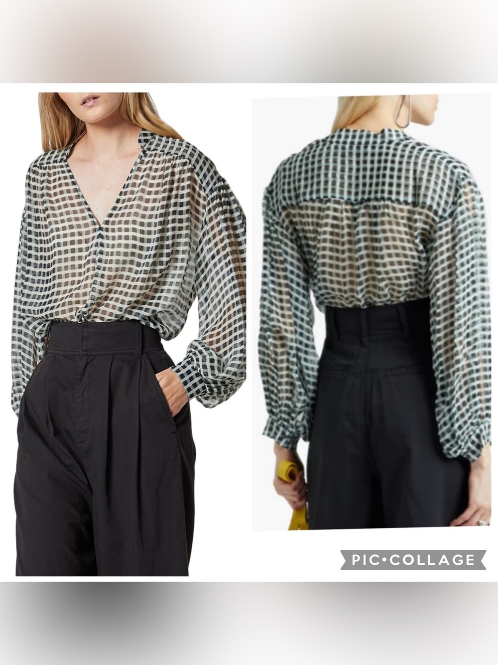 Joie Lasha Check Sheer Silk Popover Blouse Black Gray Beige Size L